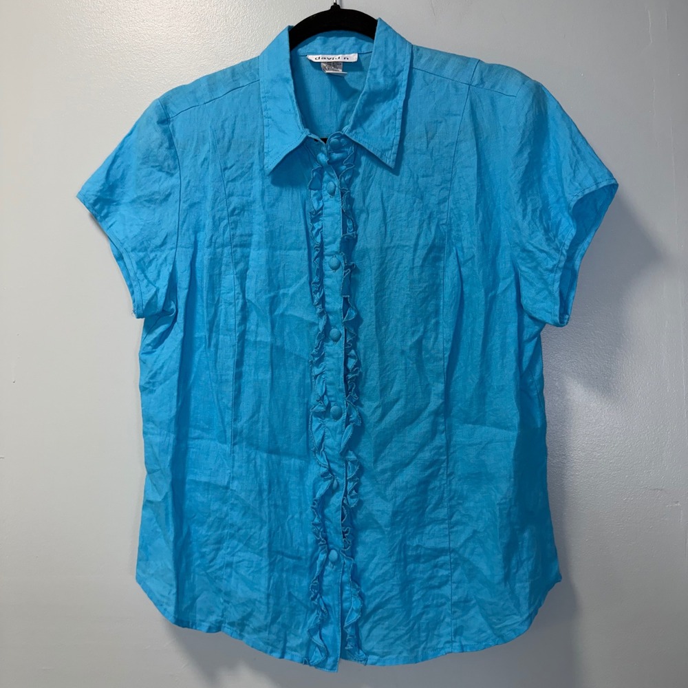 David‎ N Women Turquoise Blue 100% Linen Ruffle Button Down Short Sleeve Shirt L